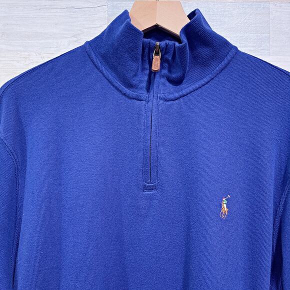 POLO Ralph Lauren Estate Rib 1/4 Zip Sweater Blue Cotton Jersey Mens Large - Picture 2 of 7